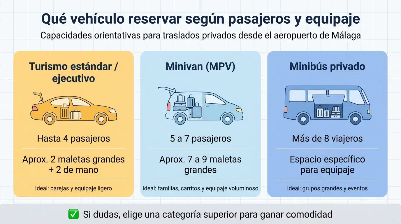 Infografía que compara turismo, minivan y minibús según número de pasajeros y capacidad de maletas.