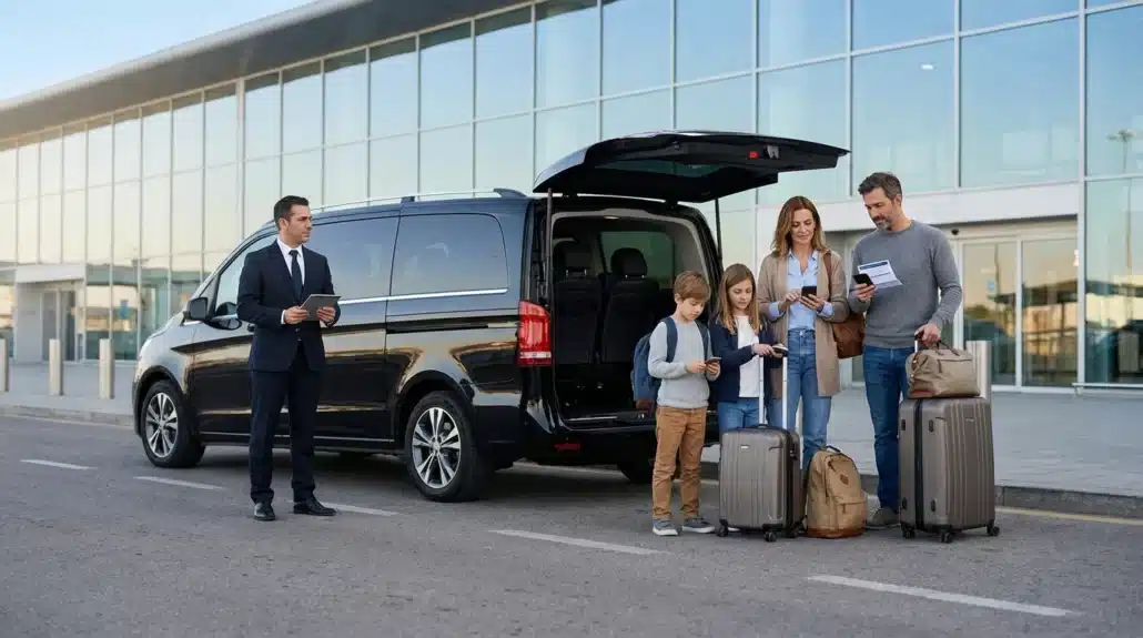 Familia Con Maletas Subiendo A Un Vehiculo De Transfer Privado Frente A La Terminal Del Aeropuerto De Malaga Junto A Un Chofer Profesional