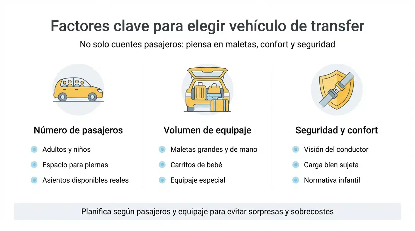 Infografía con los factores clave para elegir vehículo de transfer según pasajeros, equipaje y seguridad.