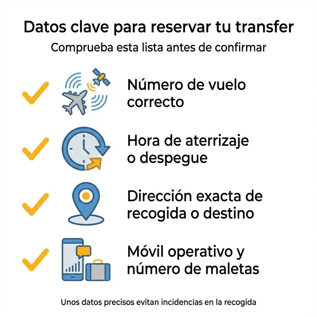 Infografía tipo checklist con los datos básicos que se deben revisar antes de reservar un transfer al aeropuerto de Málaga.