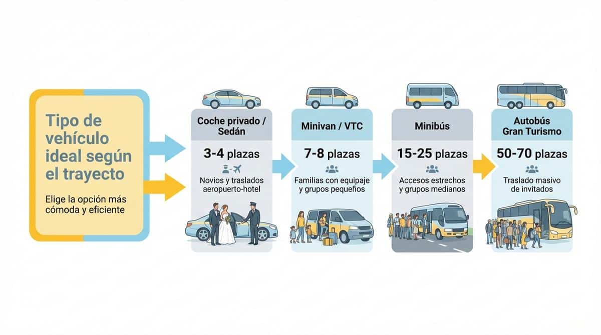Diagrama comparativo de tipos de vehículos y usos recomendados para traslados de boda en Málaga.