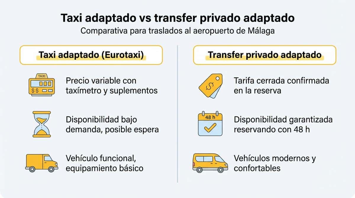 Diagrama comparativo entre taxi adaptado y transfer privado adaptado al aeropuerto de Málaga.
