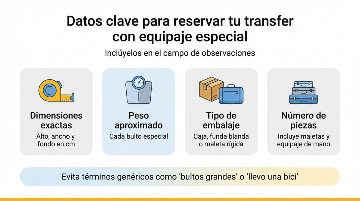 Diagrama con los datos necesarios para reservar un transfer con equipaje deportivo especial.