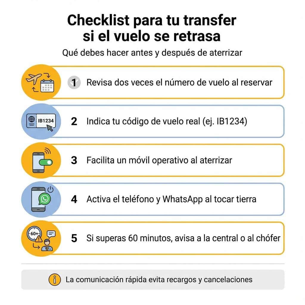 Diagrama que compara cómo gestiona un transfer privado un retraso breve del vuelo frente a una cancelación o cambio de día.