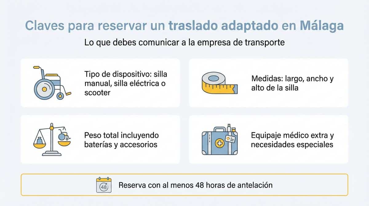 Infografía con lista de datos clave para reservar un traslado adaptado en Málaga.