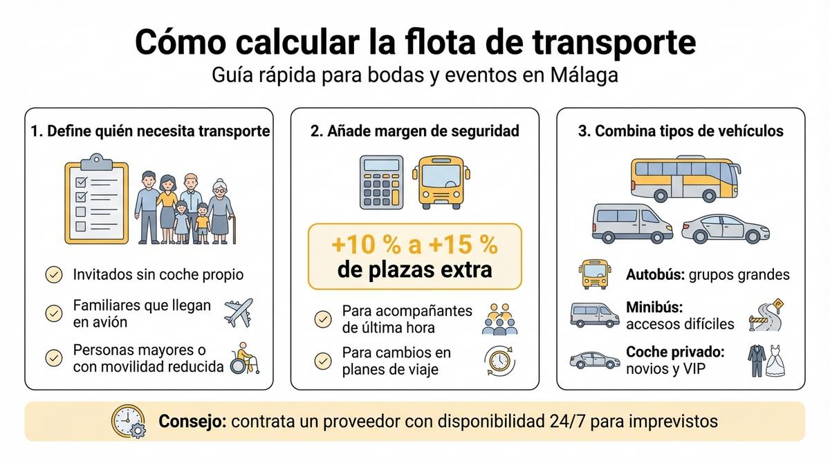 Infografía con pasos y consejos para calcular la flota de transporte para una boda en Málaga.