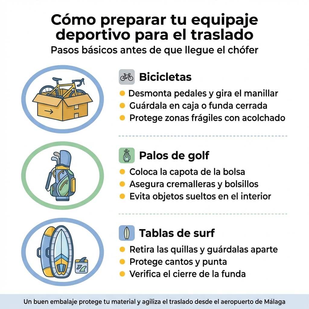 Infografía con recomendaciones para embalar bicicletas, palos de golf y tablas de surf antes de un traslado.