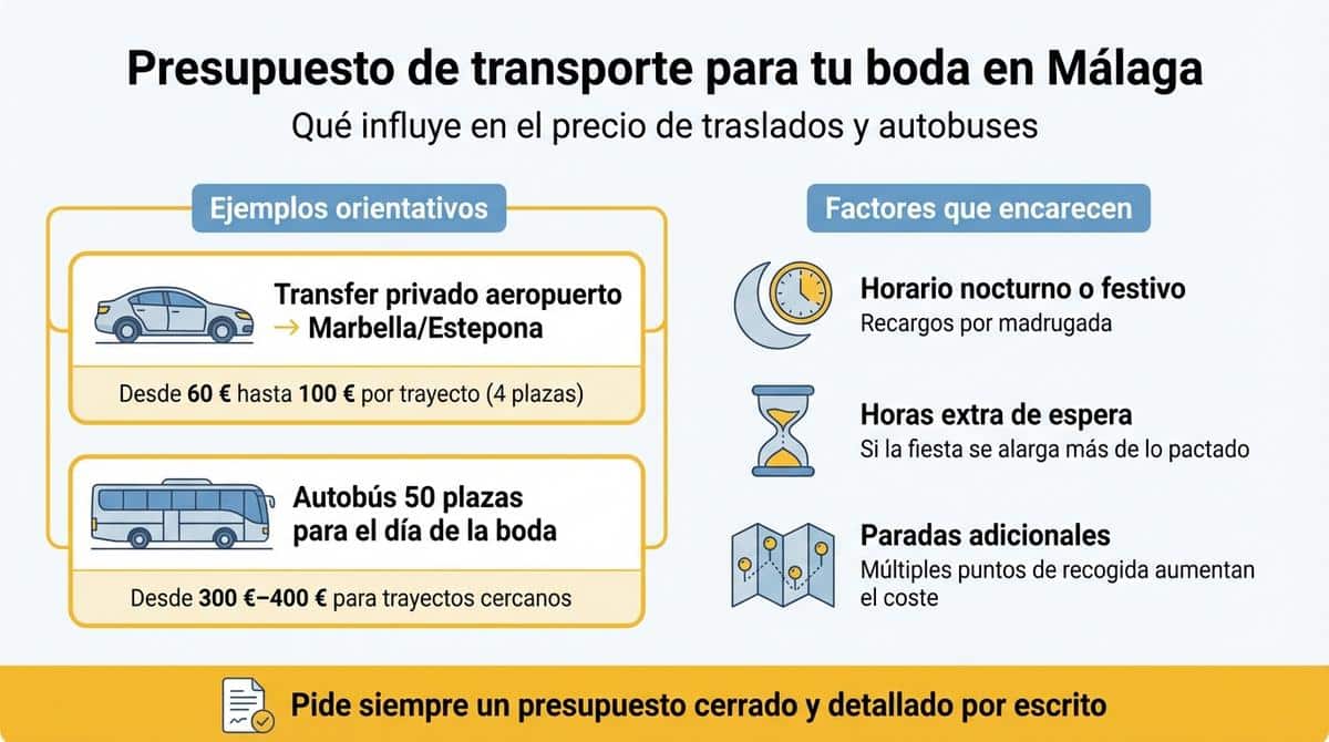 Infografía que muestra ejemplos de precios y factores que influyen en el coste del transporte para bodas en Málaga.