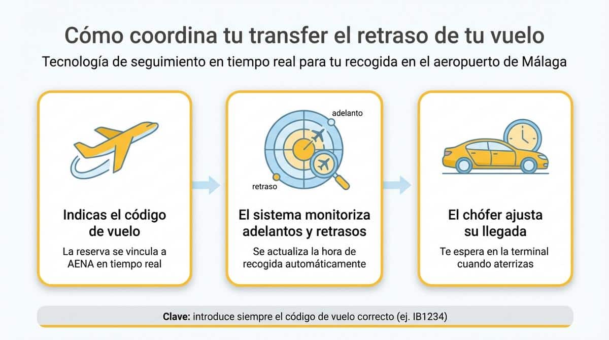 Infografía sobre cómo un transfer privado sigue en tiempo real el retraso de un vuelo para ajustar la recogida en el aeropuerto de Málaga.