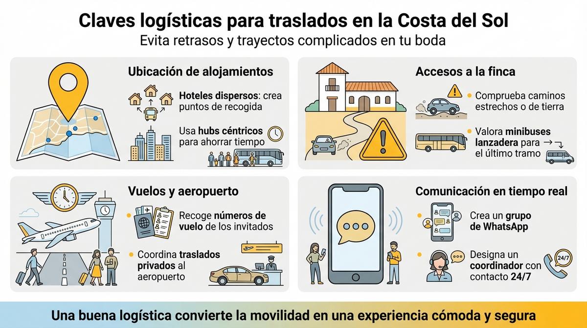 Infografía sobre factores logísticos clave para organizar traslados de boda y eventos en Málaga.