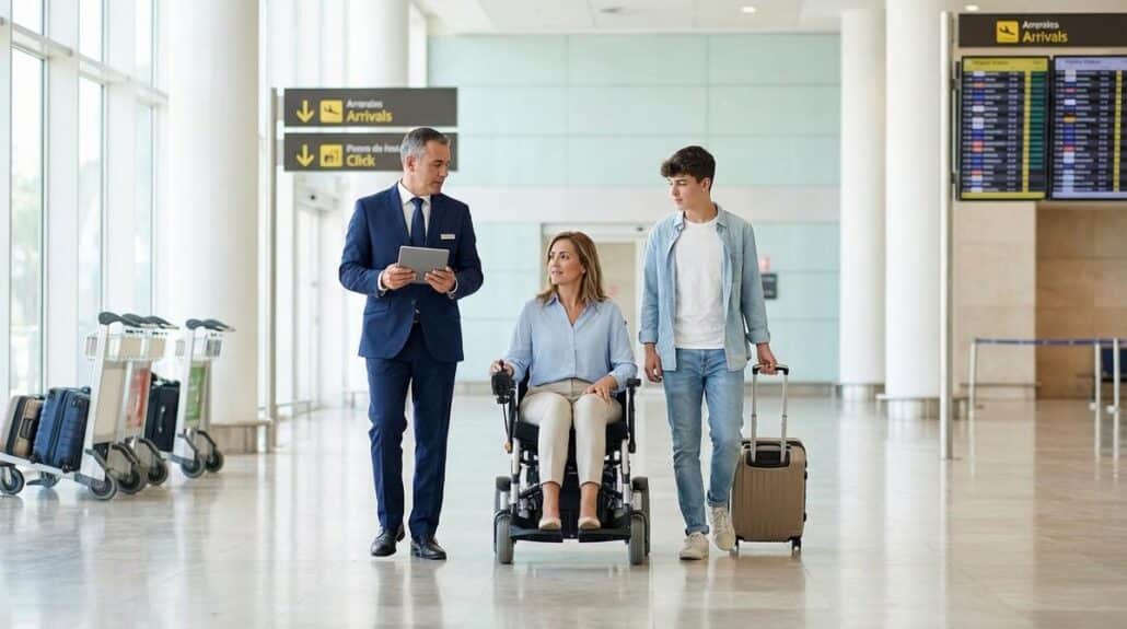 Mujer En Silla De Ruedas Electrica Acompanada Por Un Chofer Privado Y Un Familiar En La Zona De Llegadas De Un Aeropuerto Moderno