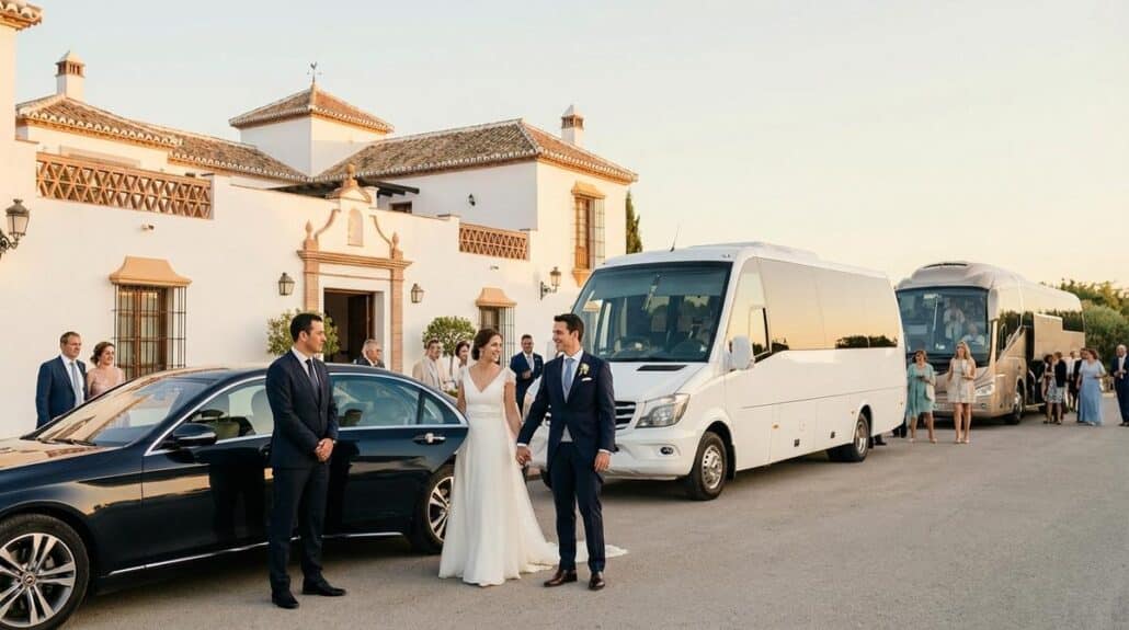 Novios E Invitados Subiendo A Un Minibus Y A Un Coche Privado Frente A Una Finca Andaluza En Malaga Al Atardecer