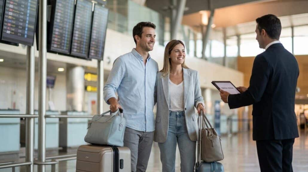 Pareja De Viajeros Con Maletas Siendo Recibida Por Un Chofer Privado En La Zona De Llegadas De Un Aeropuerto Moderno