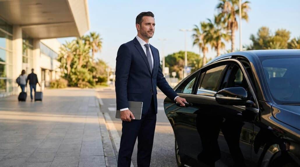 Chofer Privado Abre La Puerta De Una Berlina De Alta Gama Frente A Una Terminal En Malaga