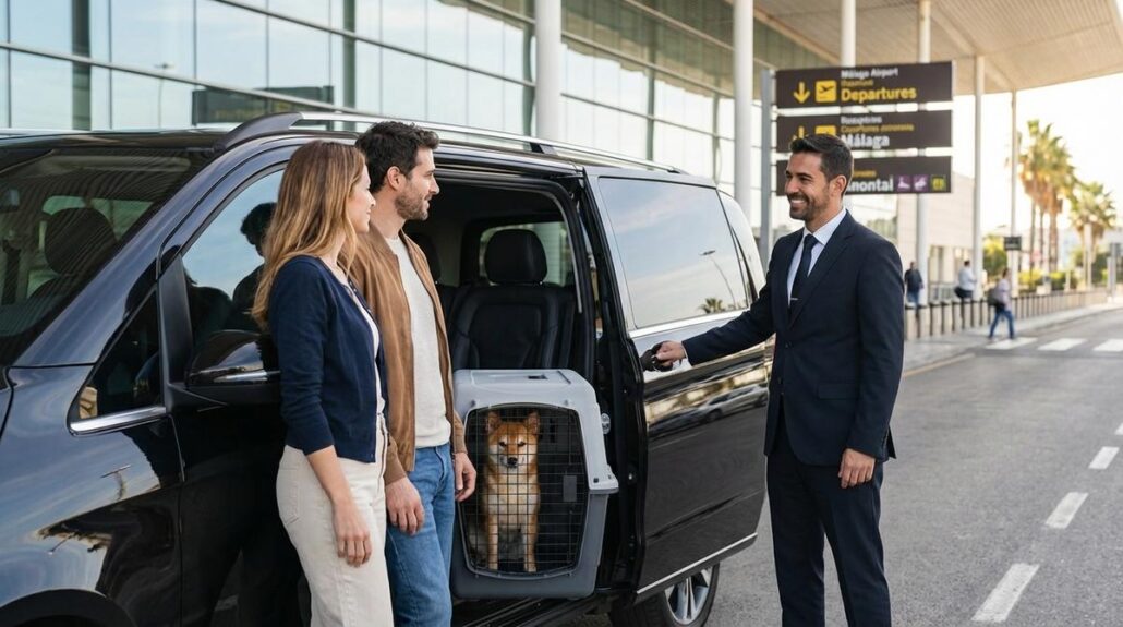 Pareja Con Su Perro En Transportin Siendo Recibidos Por Un Chofer Privado Junto A Una Minivan En El Aeropuerto De Malaga