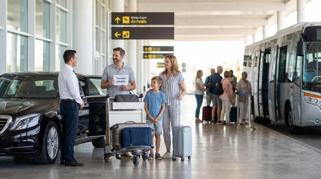 Familia Con Maletas Saliendo Del Aeropuerto De Malaga Mientras Un Chofer De Transfer Privado Les Recibe Junto A Un Turismo Y Al Fondo Se Ve Un Autobus Shuttle