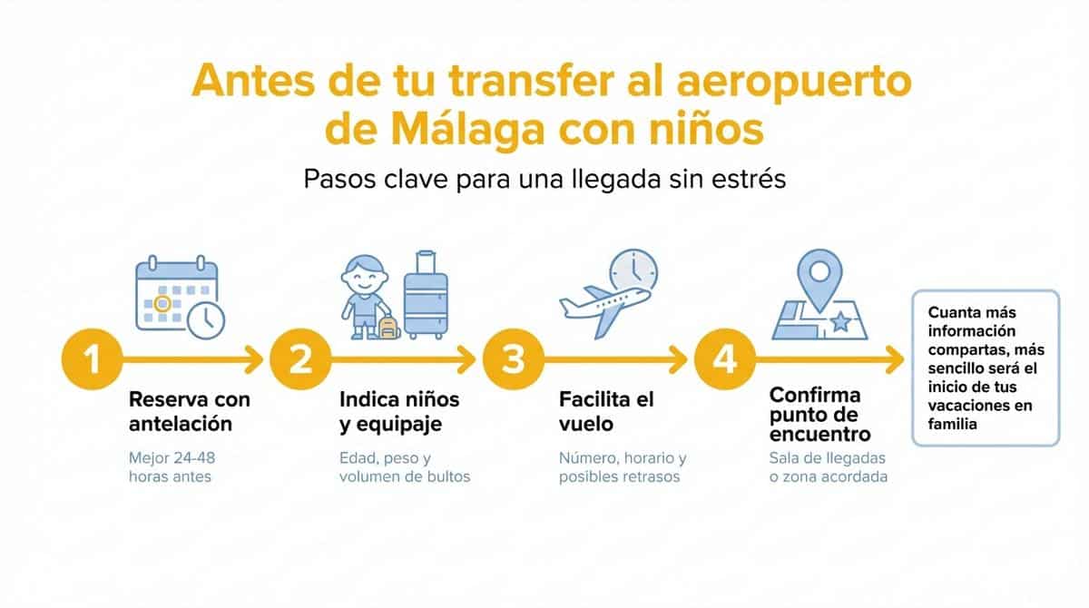Infografía con los pasos principales a seguir antes de un transfer al aeropuerto de Málaga con niños.