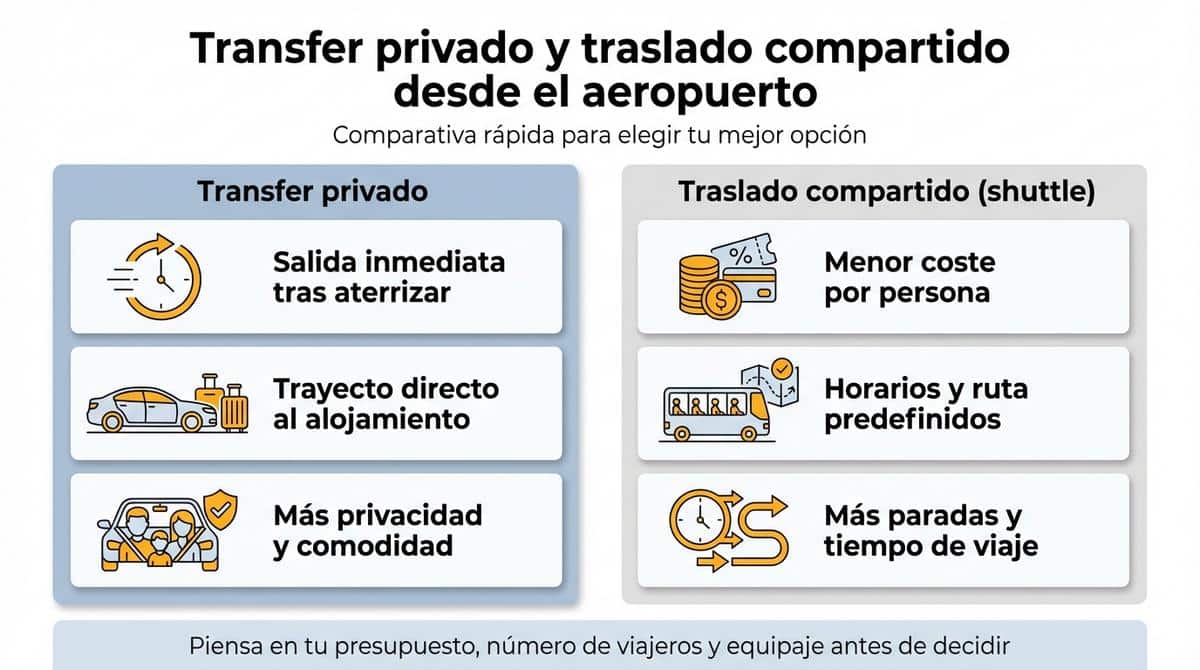 Infografía que compara de forma visual el transfer privado con el traslado compartido desde el aeropuerto.
