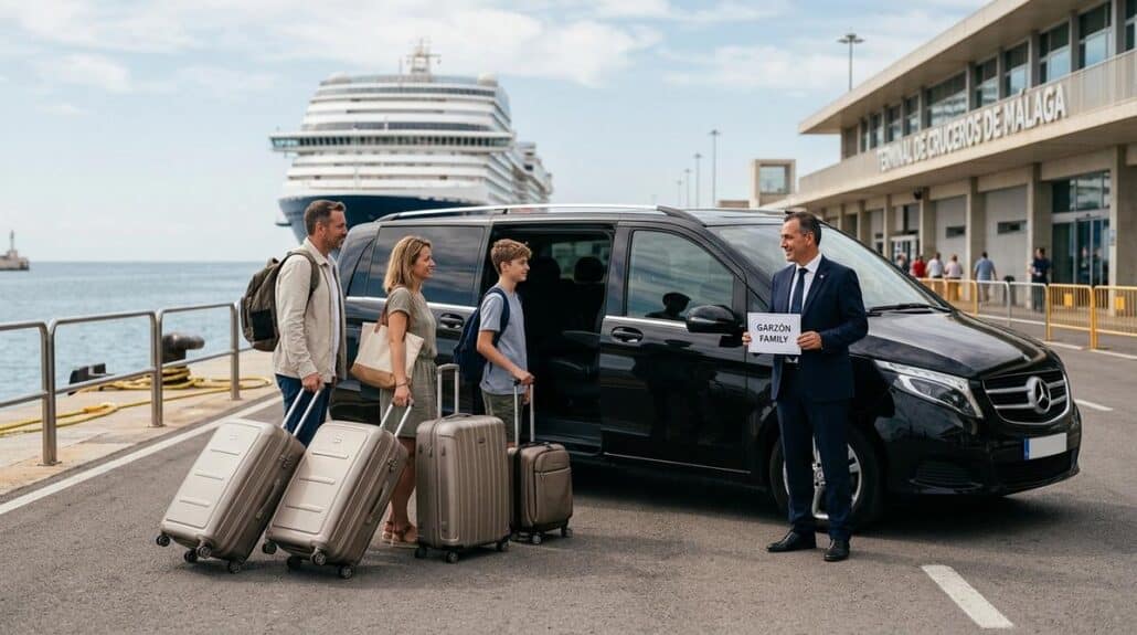 Familia De Cruceristas Con Maletas Siendo Recibida Por Un Chofer Privado En La Zona De Llegadas Del Puerto De Malaga Junto A Un Vehiculo De Traslado
