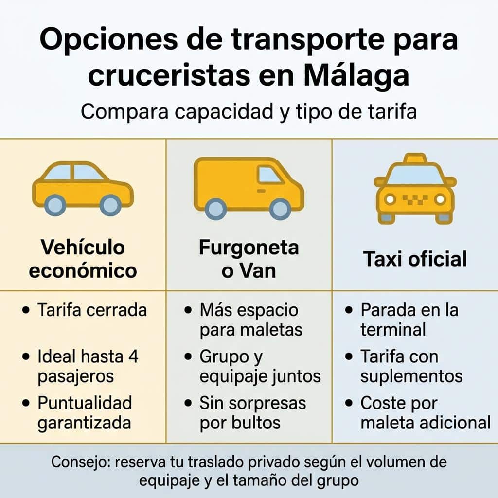 Infografía comparativa entre vehículo económico, furgoneta y taxi oficial para cruceristas en Málaga.