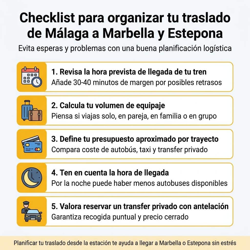 Infografía con checklist de pasos para organizar el traslado desde la estación de Málaga a Marbella y Estepona.