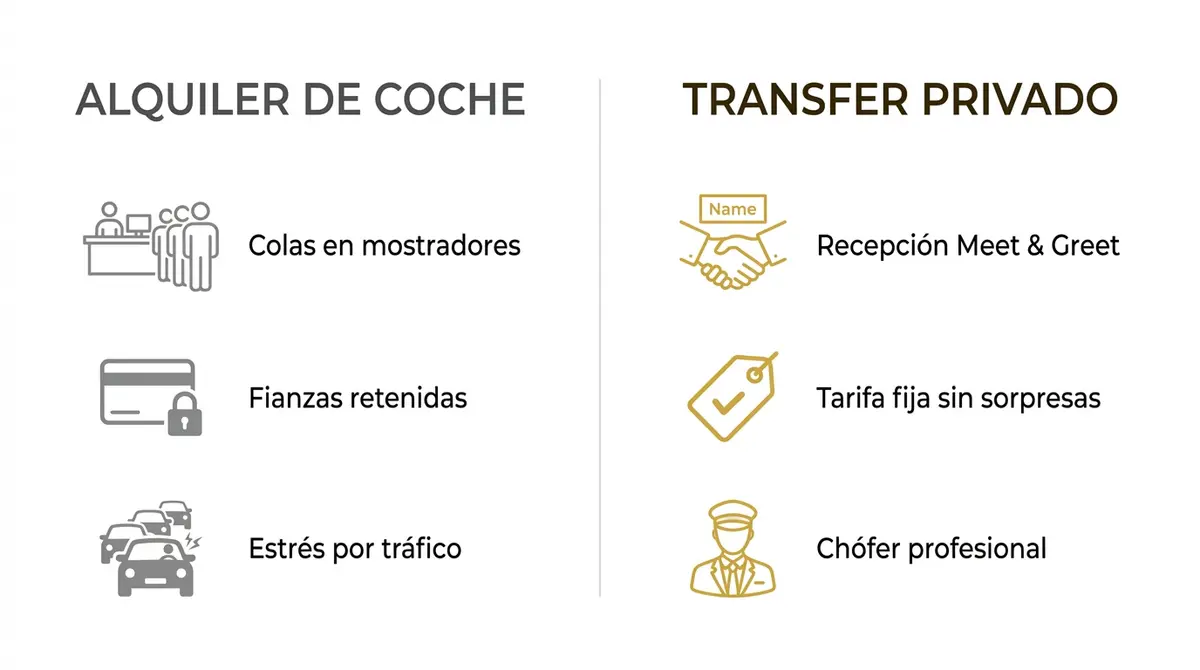 Infografía comparativa entre alquilar un coche y contratar un transfer privado en el aeropuerto de Málaga.