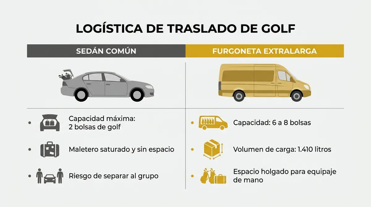 Infografía comparativa de capacidad de equipaje entre un sedán y una furgoneta extralarga para golfistas