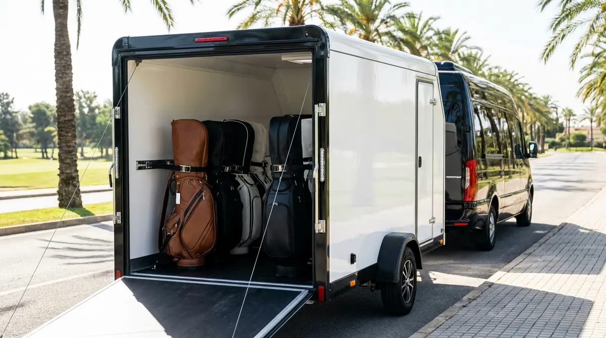 Remolque homologado de transporte seguro de equipamiento de golf acoplado a minibús de transfer privado
