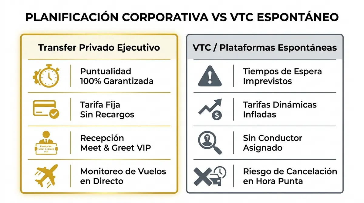 Cuadro comparativo entre el servicio de transfer privado ejecutivo y el transporte VTC espontáneo en congresos de FYCMA