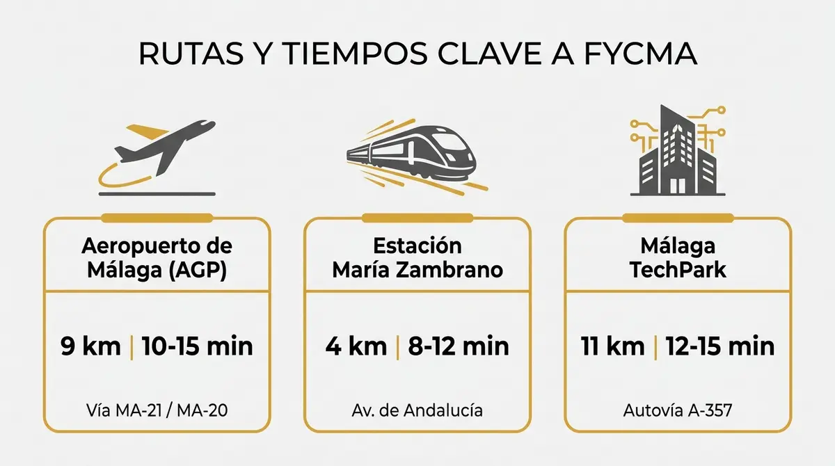 Diagrama infográfico con tiempos de traslado y rutas clave hacia FYCMA desde el aeropuerto y la estación de tren